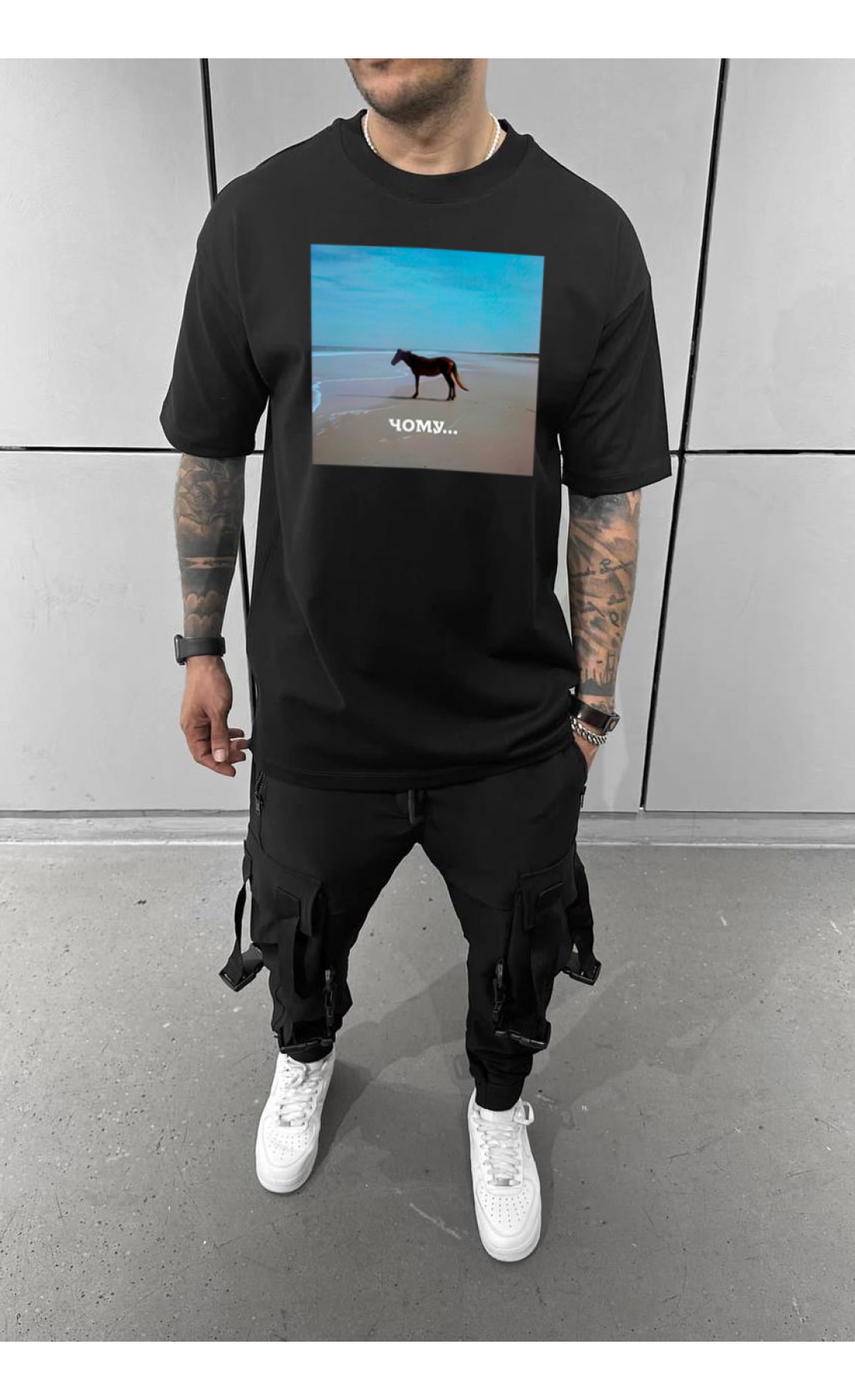 Чорна літня легка чоловіча оверсайз футболка з принтом