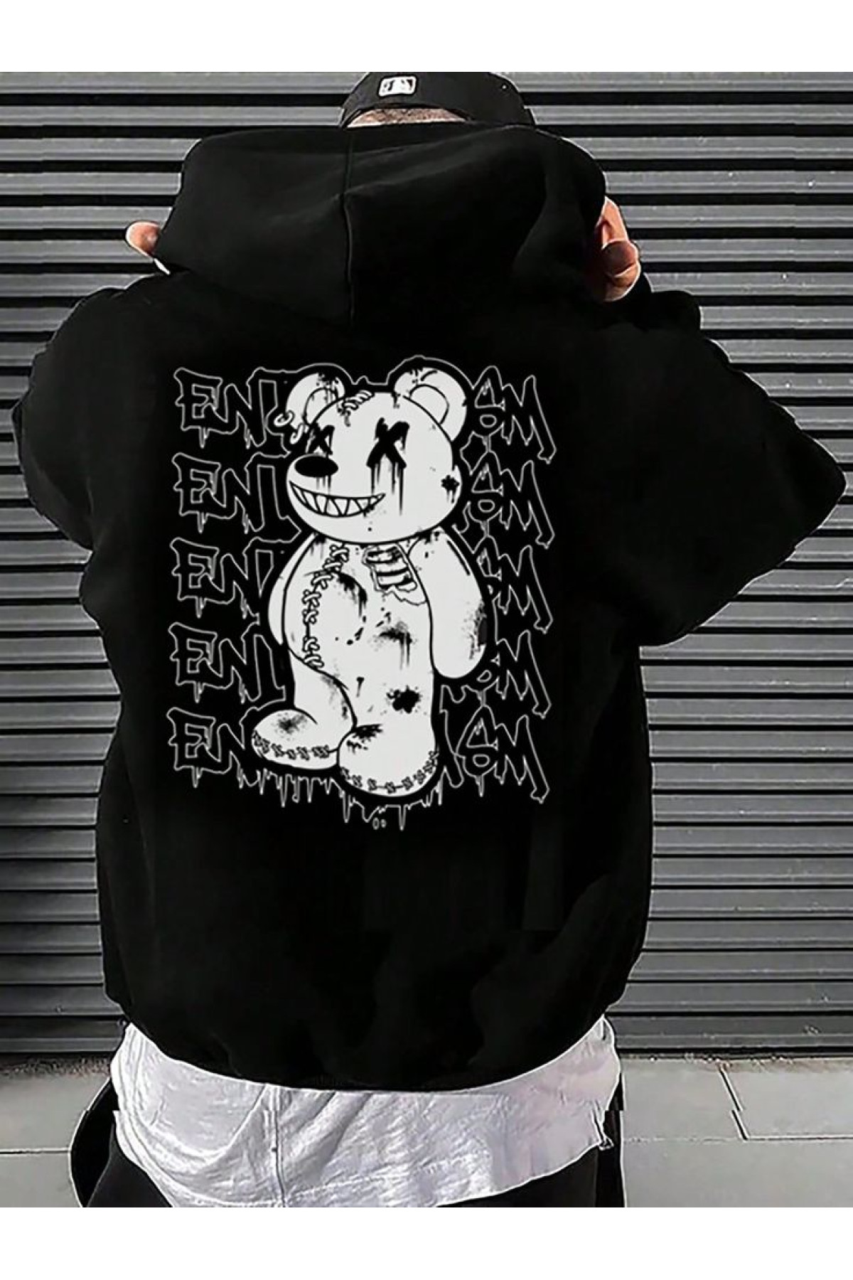 Чоловіче чорне  оверсайз худі з трендовим принтом