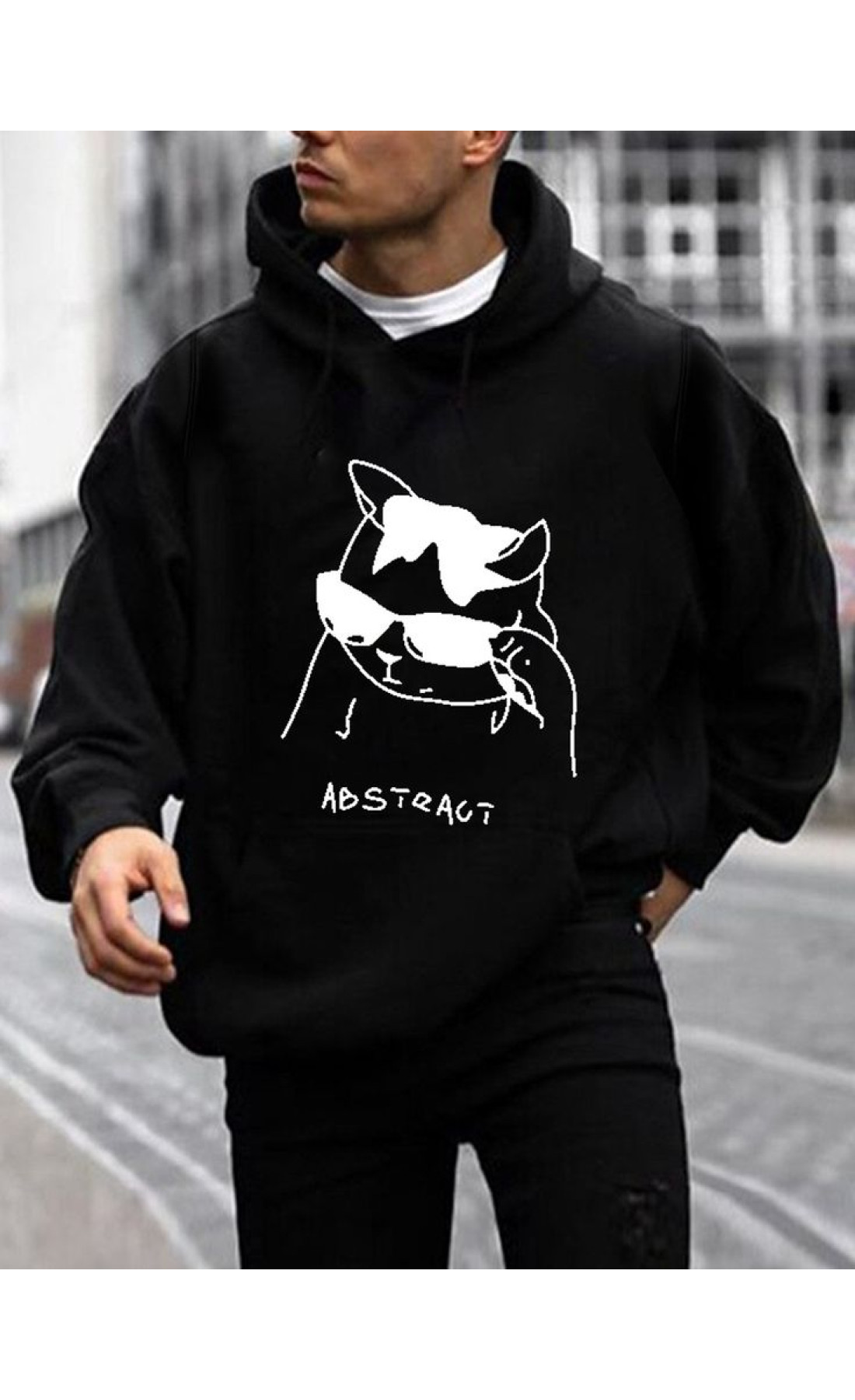 Чоловіче чорне  оверсайз худі з трендовим принтом