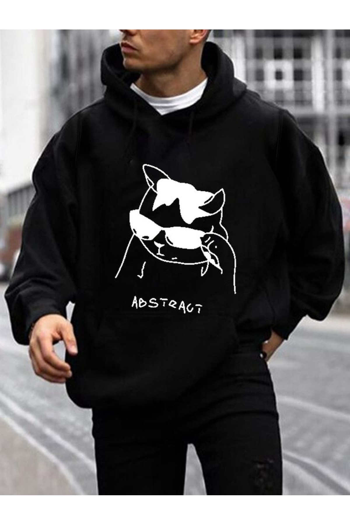 Чоловіче чорне  оверсайз худі з трендовим принтом