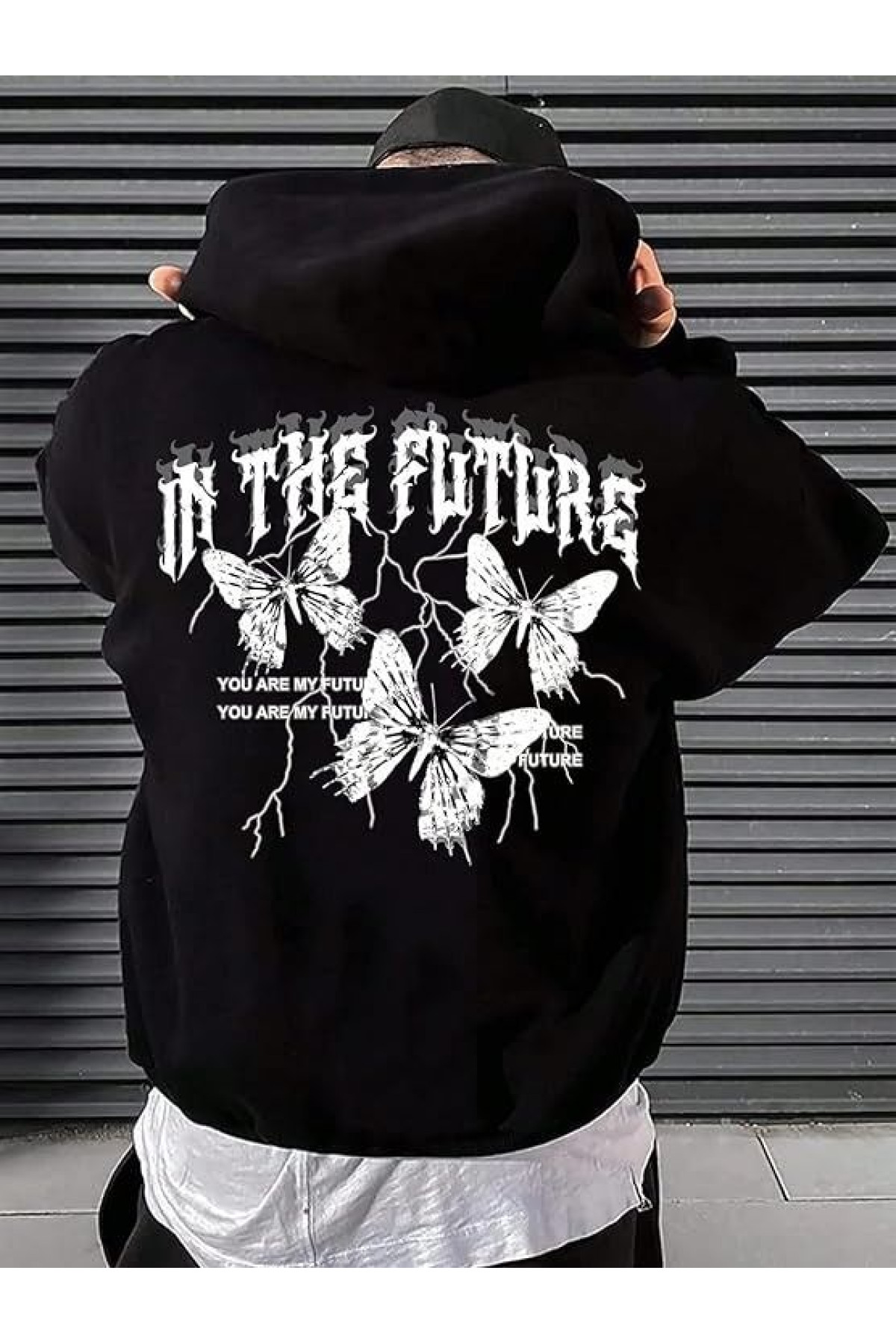 Чоловіче чорне  оверсайз худі з трендовим принтом