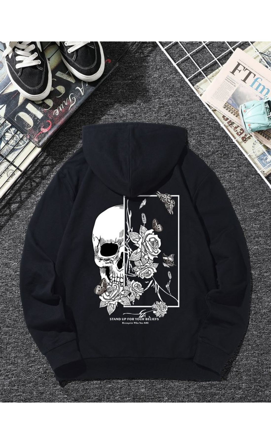 Чоловіче чорне  оверсайз худі з трендовим принтом