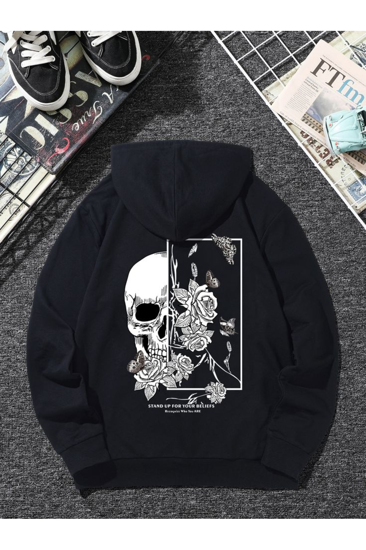 Чоловіче чорне  оверсайз худі з трендовим принтом