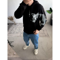 Чоловіче чорне  оверсайз худі з трендовим принтом