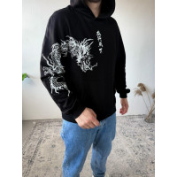 Чоловіче чорне  оверсайз худі з трендовим принтом