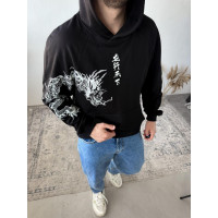 Чоловіче чорне  оверсайз худі з трендовим принтом