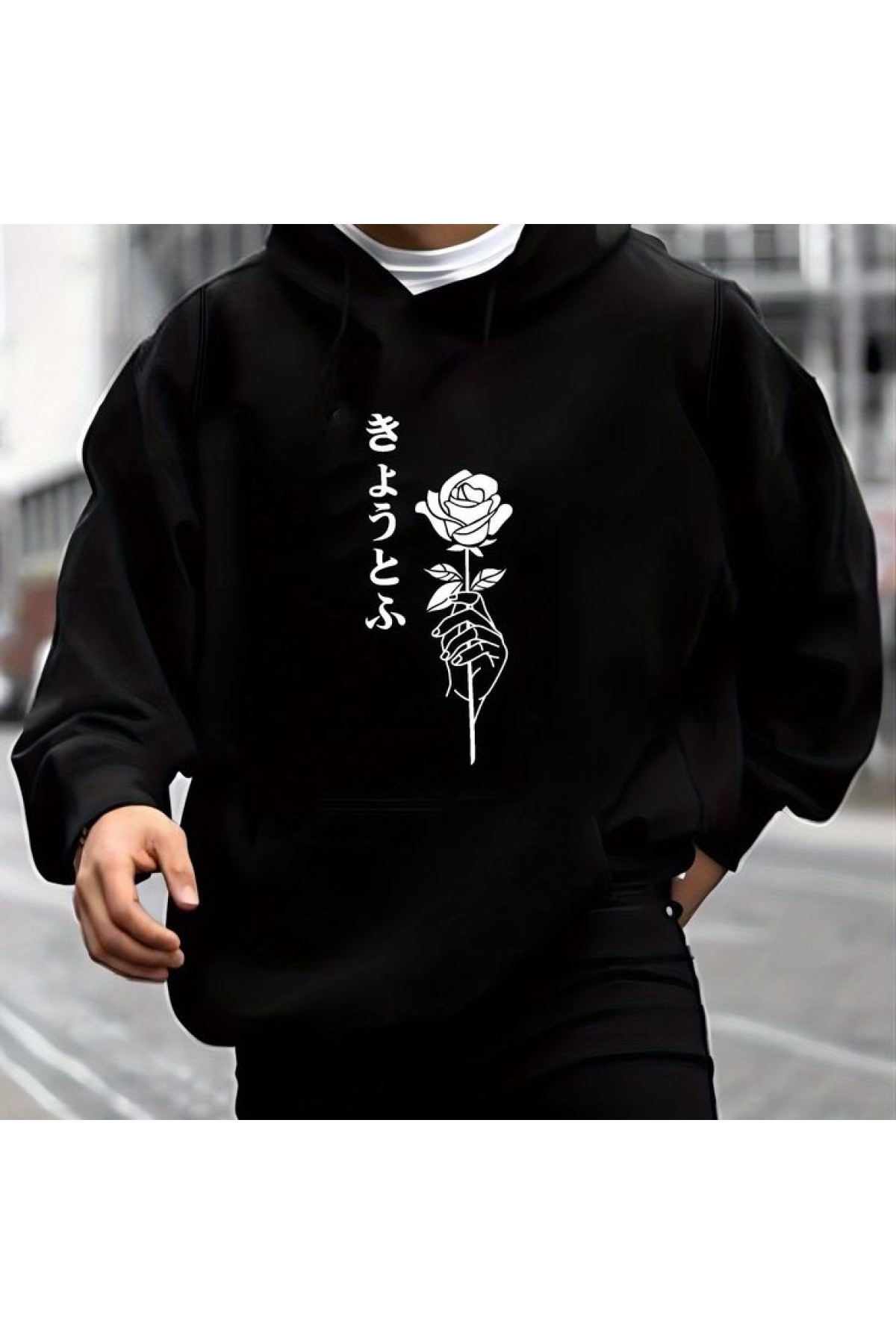 Чоловіче чорне  оверсайз худі з трендовим принтом