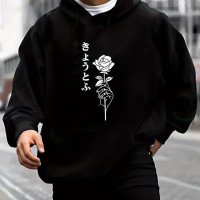 Чоловіче чорне  оверсайз худі з трендовим принтом