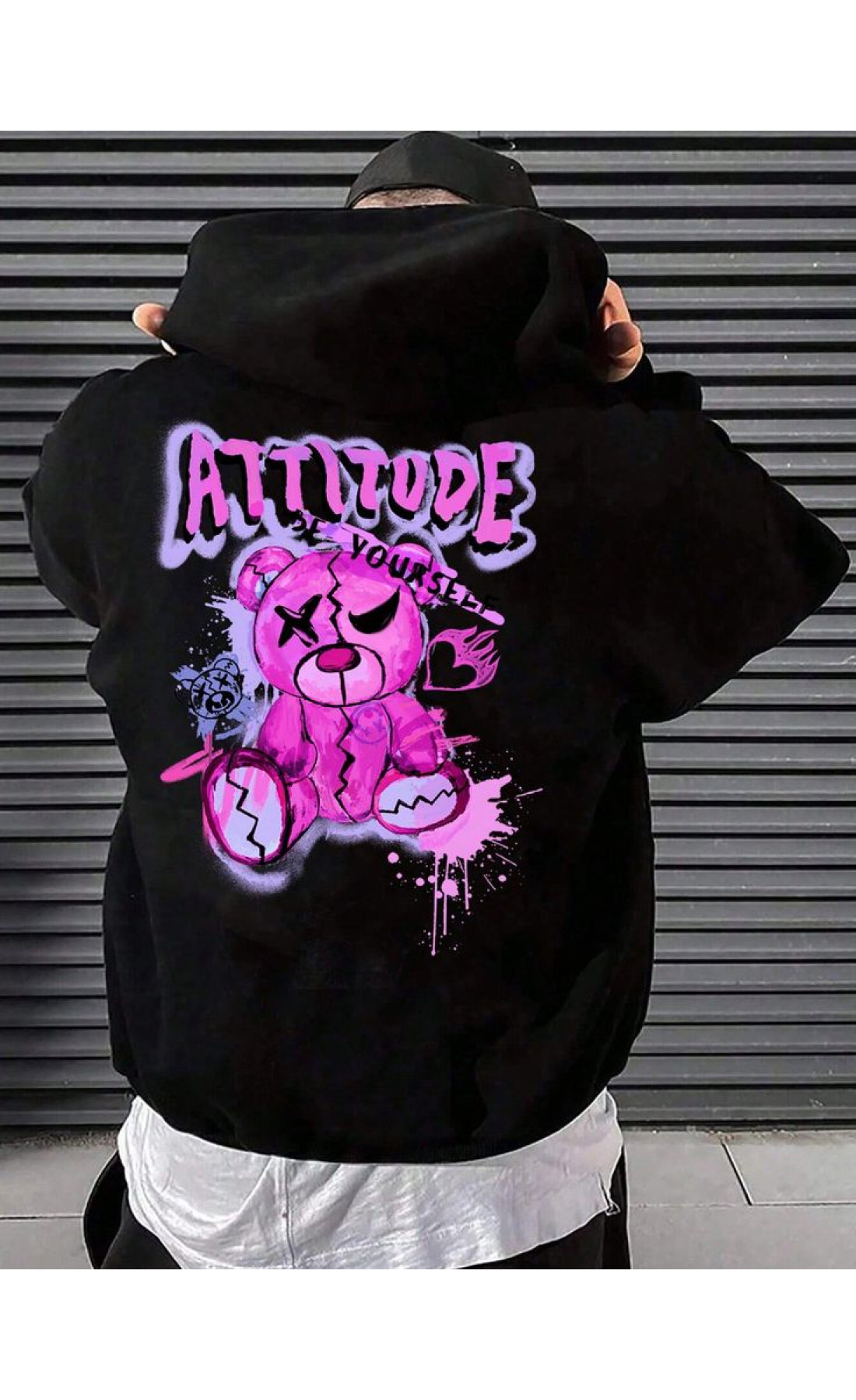 Чоловіче чорне  оверсайз худі з трендовим принтом