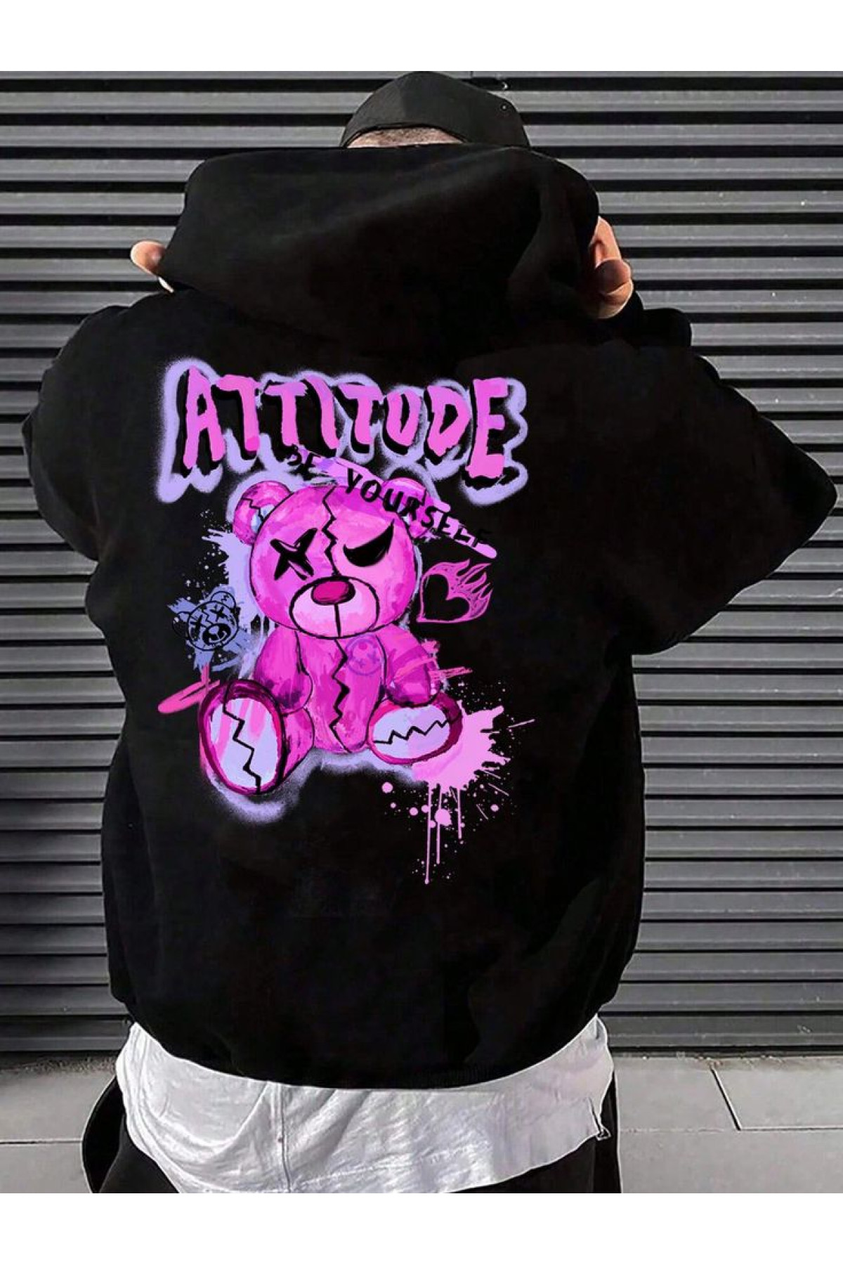 Чоловіче чорне  оверсайз худі з трендовим принтом