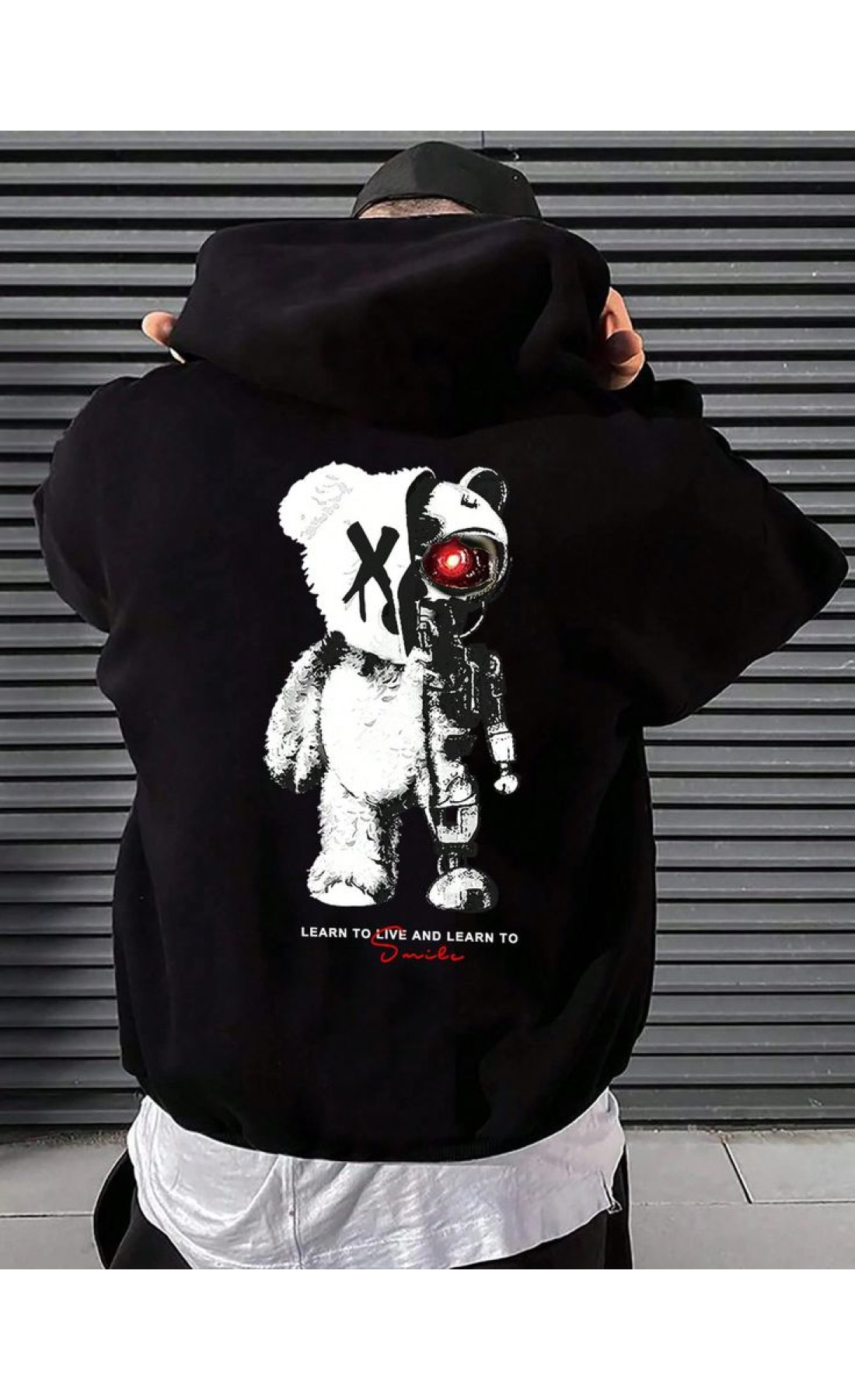 Чоловіче чорне  оверсайз худі з трендовим принтом