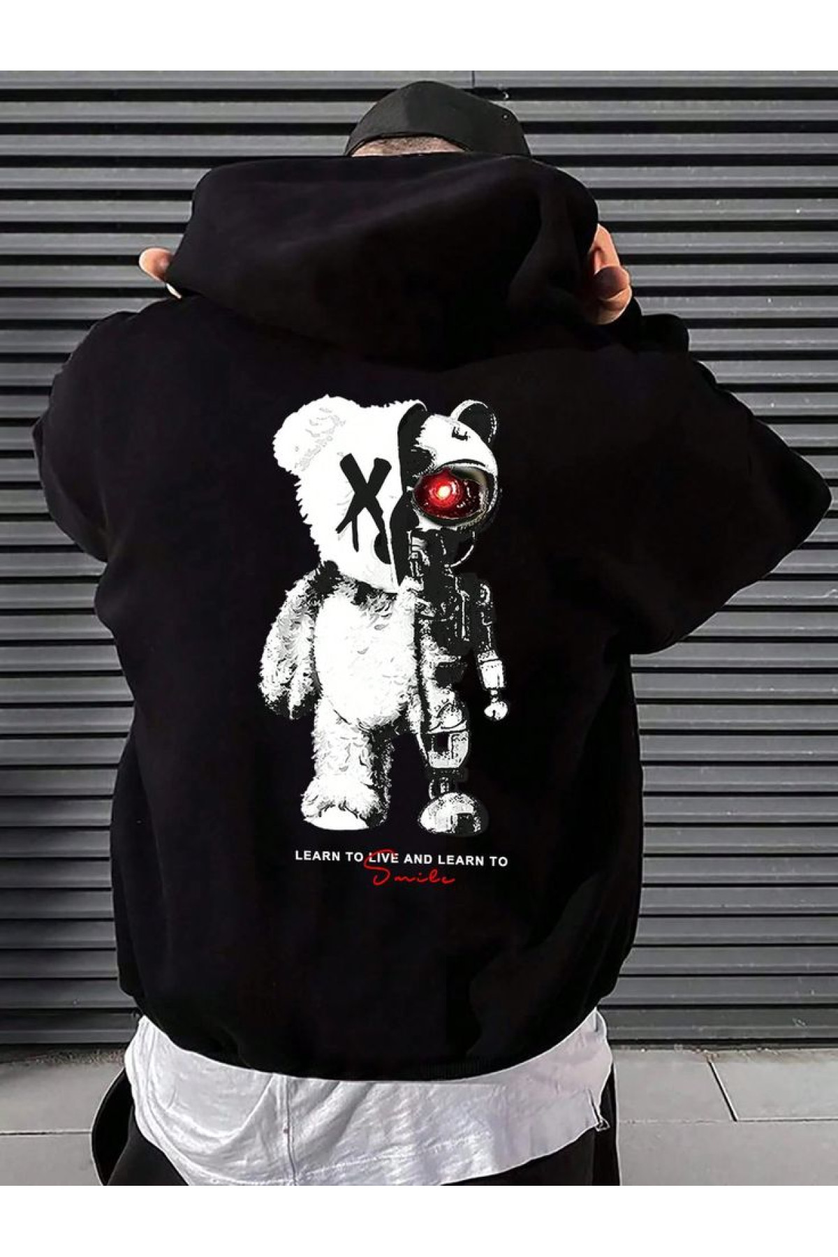 Чоловіче чорне  оверсайз худі з трендовим принтом