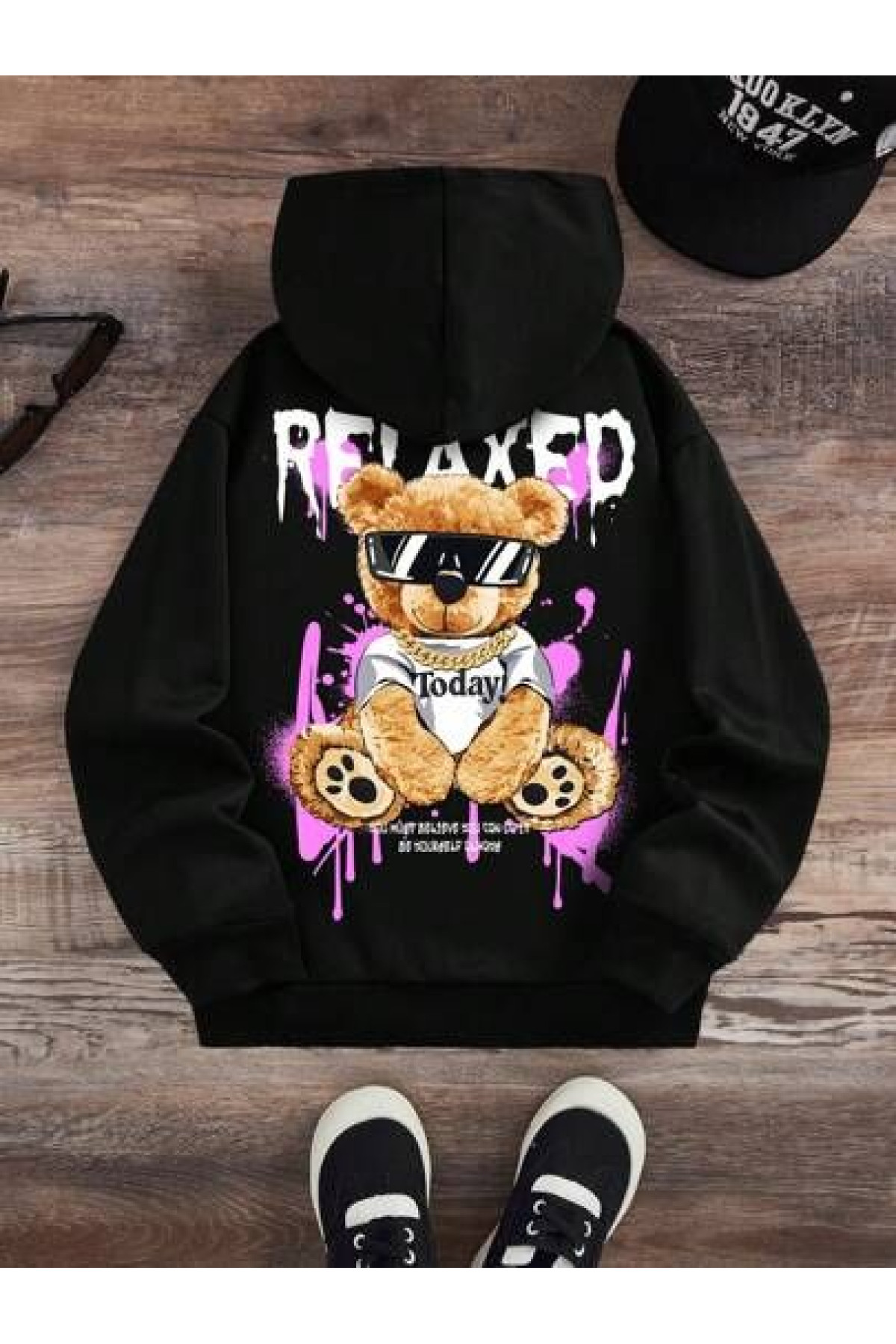 Чоловіче чорне  оверсайз худі з трендовим принтом