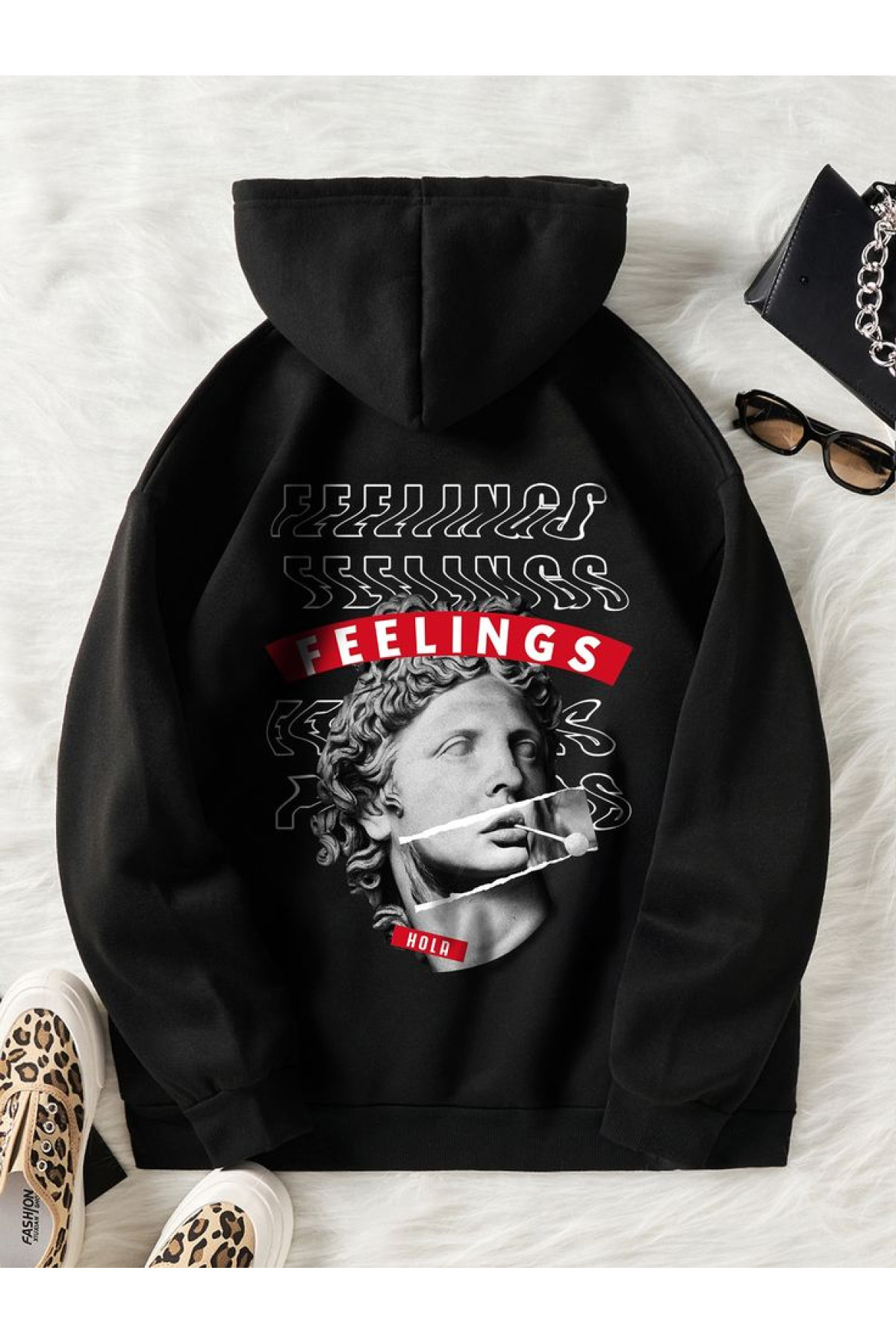 Чоловіче чорне  оверсайз худі з трендовим принтом