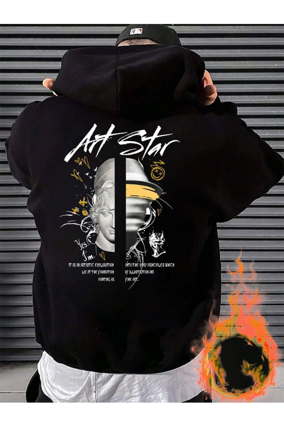 Чоловіче чорне  оверсайз худі з трендовим принтом