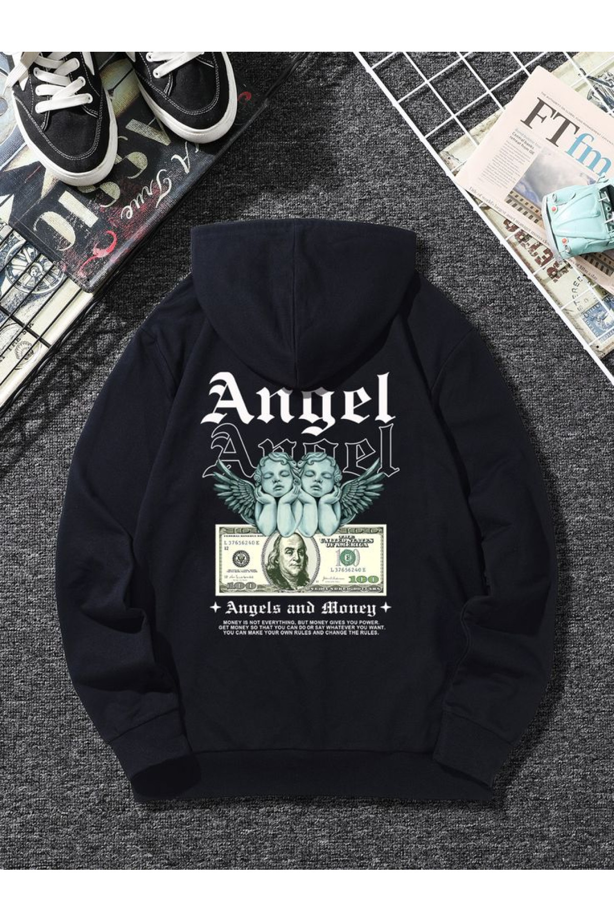 Чоловіче чорне  оверсайз худі з трендовим принтом