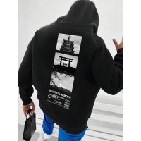 Чоловіче чорне  оверсайз худі з трендовим принтом