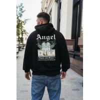 Чоловіче чорне  оверсайз худі з трендовим принтом