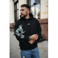 Чоловіче чорне  оверсайз худі з трендовим принтом