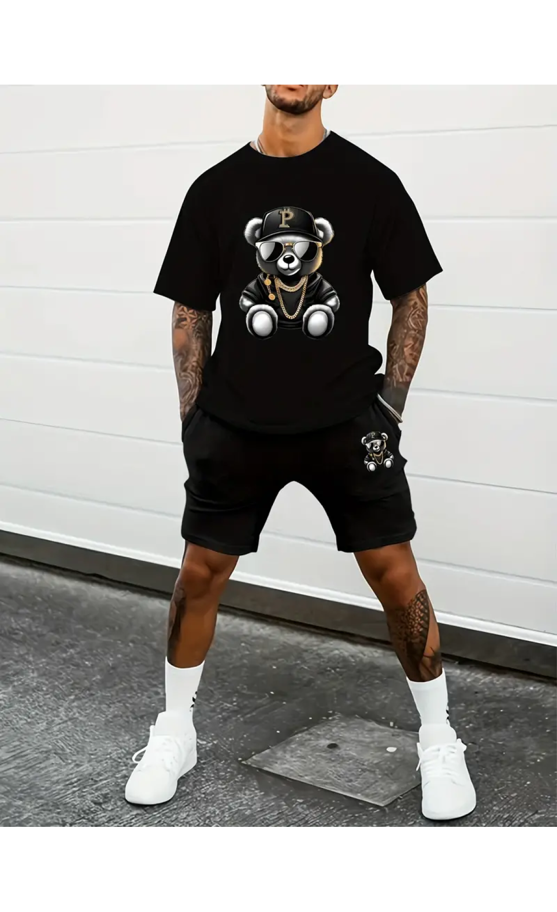 Чоловічий чорний трендовий спортивний літній костюм з яскравим дизайном