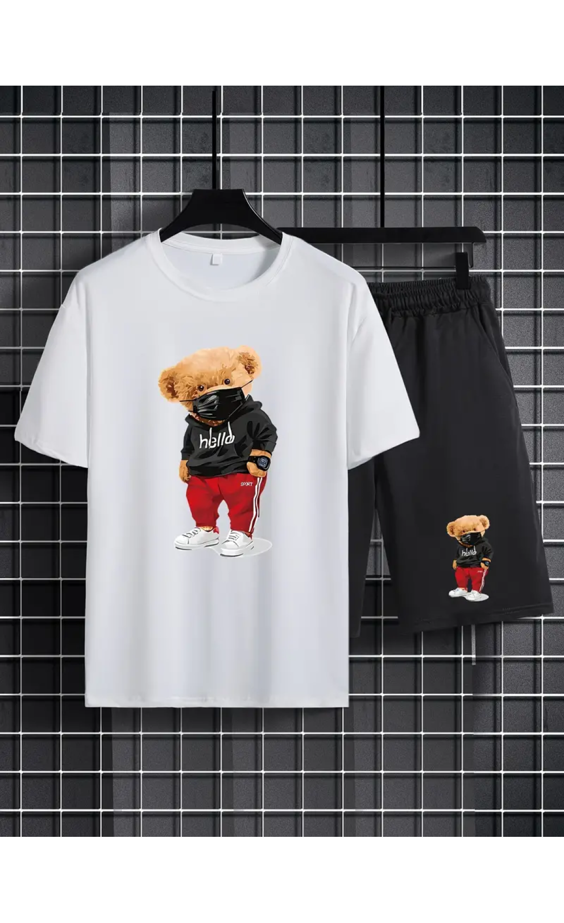 Модний чорно-білий чоловічий літній спортивний костюм з трендовим принтом