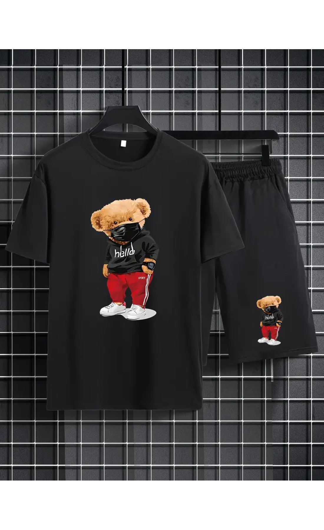 Чоловічий трендовий чорний літній спортивний костюм-двійка з яскравим дизайном