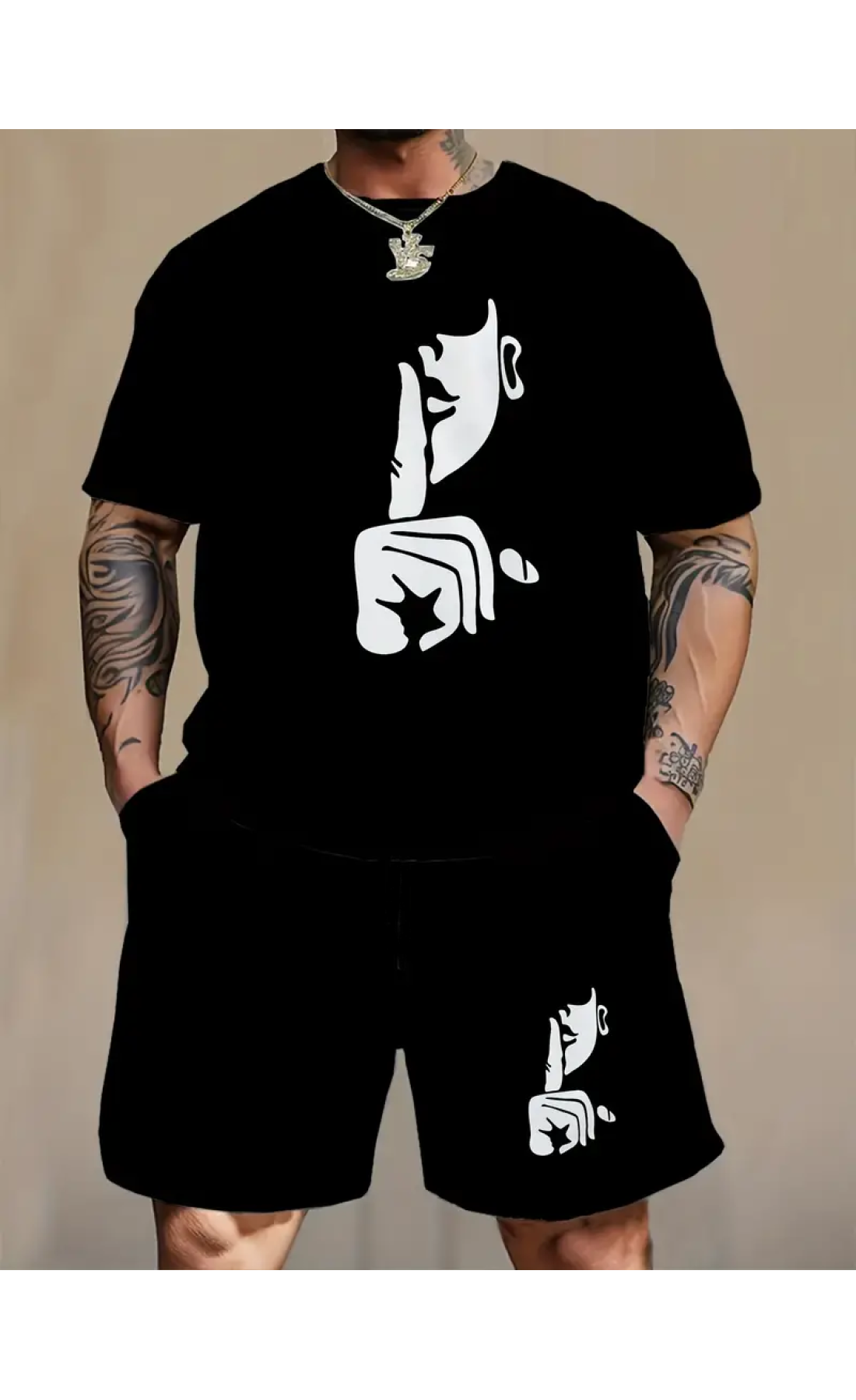 Чоловічий чорний легкий літній спортивний костюм-двійка з модним принтом