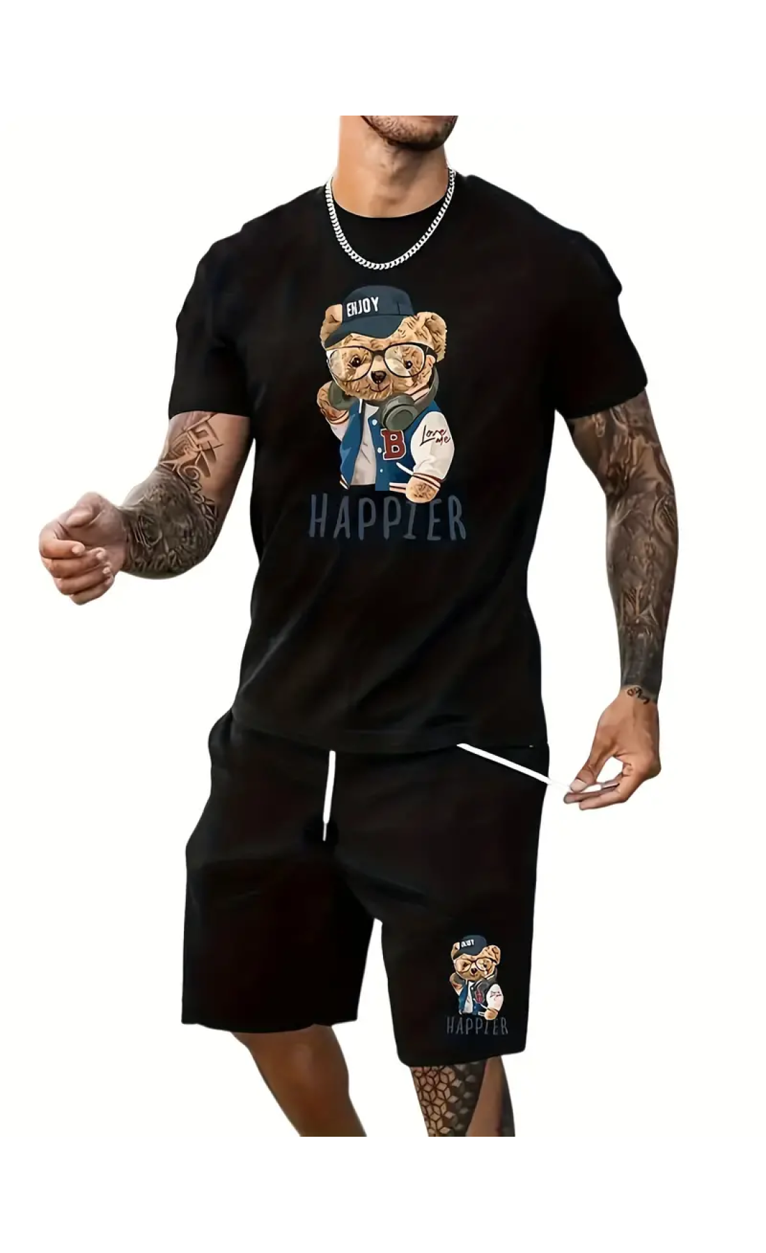 Чоловічий чорний трендовий літній спортивний костюм з модним дизайном