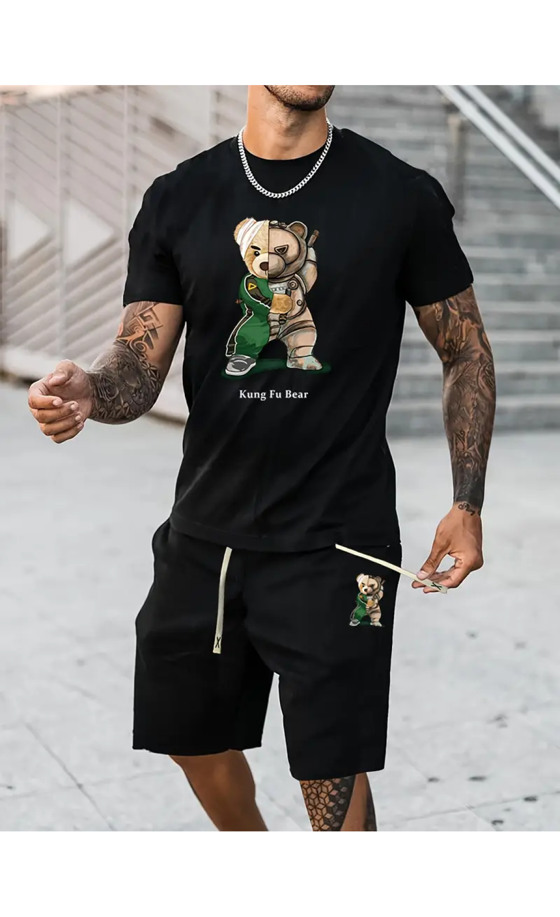 Чорний чоловічий легкий літній спортивний костюм-двійка з трендовим принтом