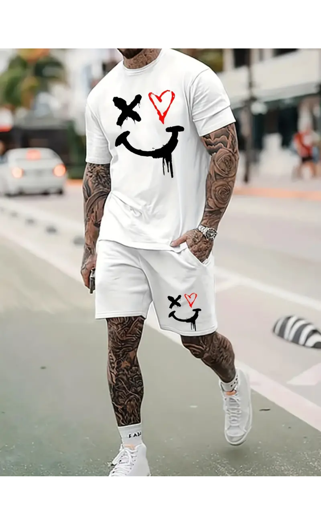 Білий чоловічий літній модний спортивний костюм-двійка з яскравим дизайном