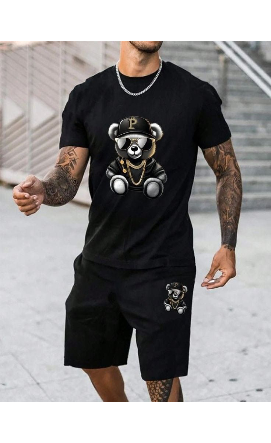 Чорний зручний чоловічий літній спортивний костюм-двійка з модним дизайном