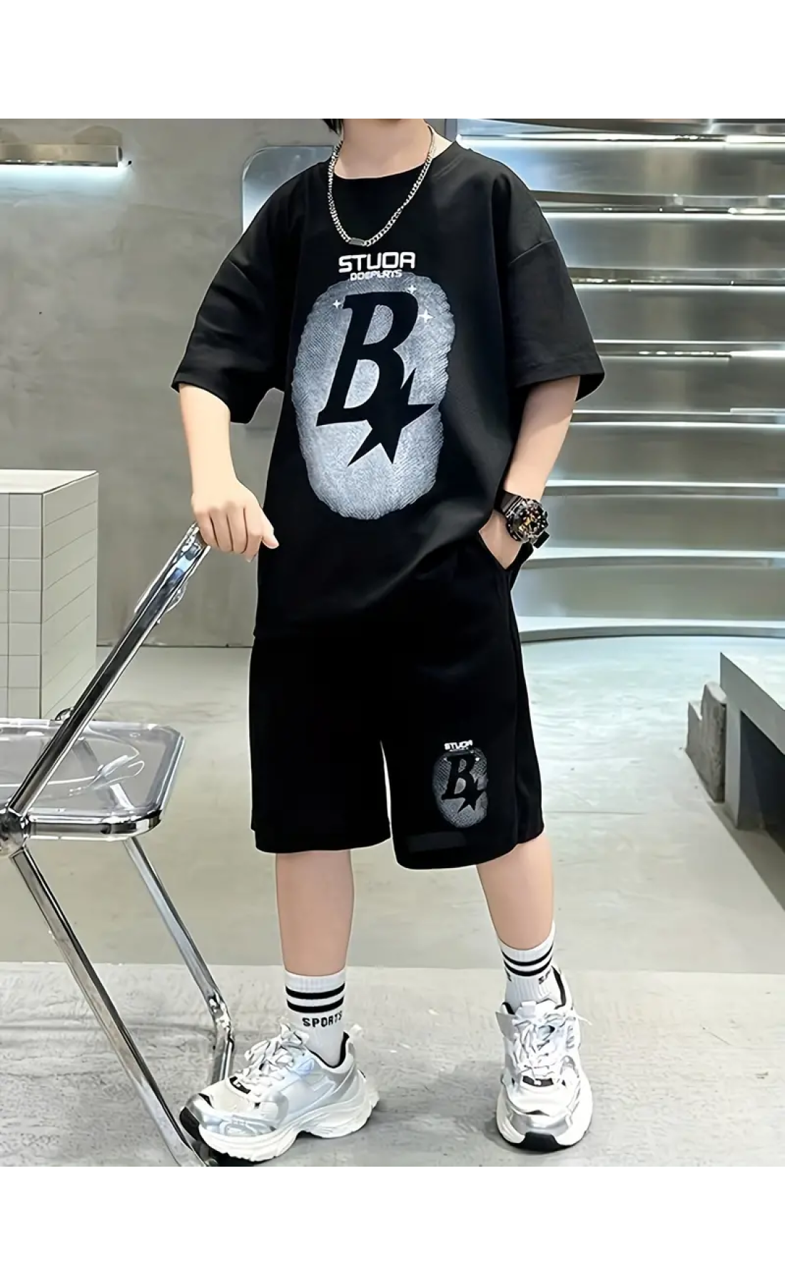 Чорний дитячий комплект футболка та шорти дтф (оверсайз)