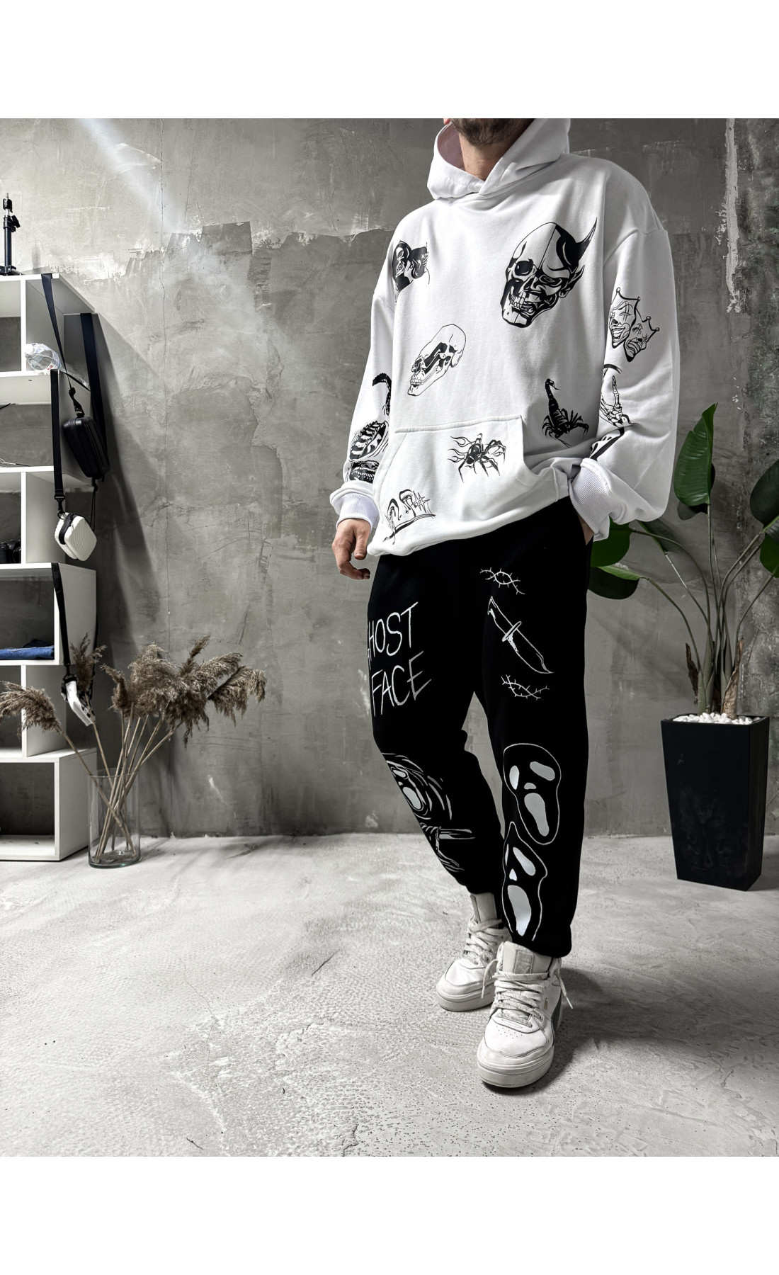 Костюм худі штани дтф черно-білій трьохнитка