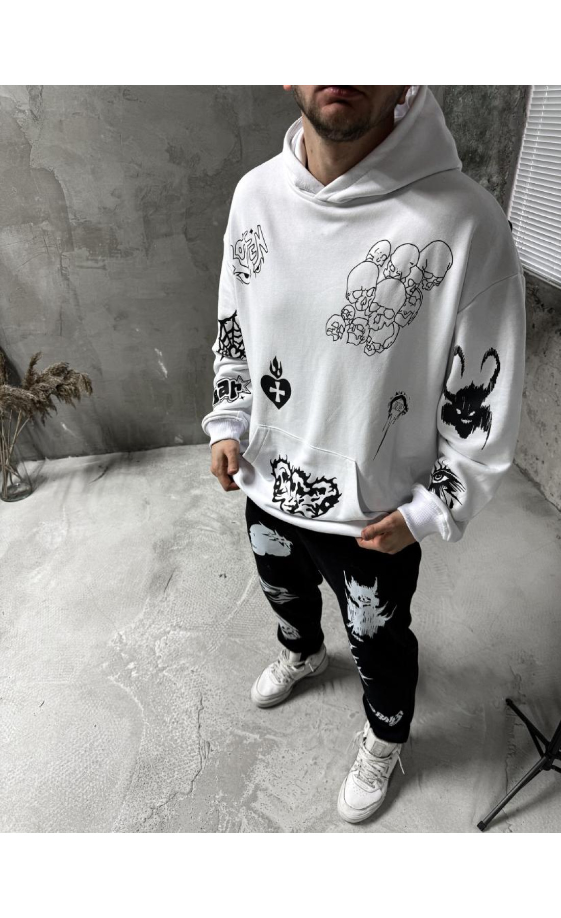 Костюм худі штани дтф черно-білій трьохнитка