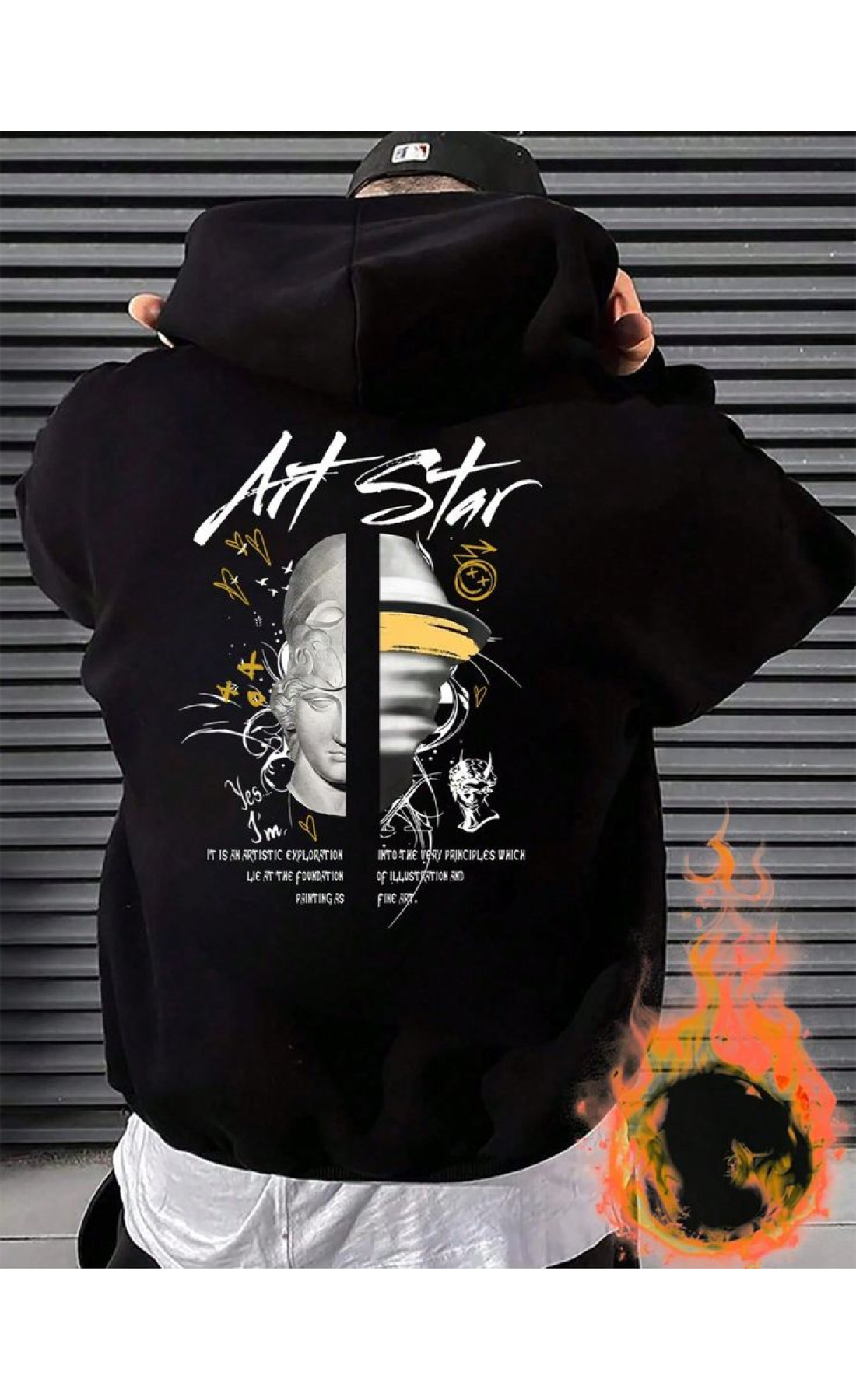 Чоловіче чорне  оверсайз худі з трендовим принтом