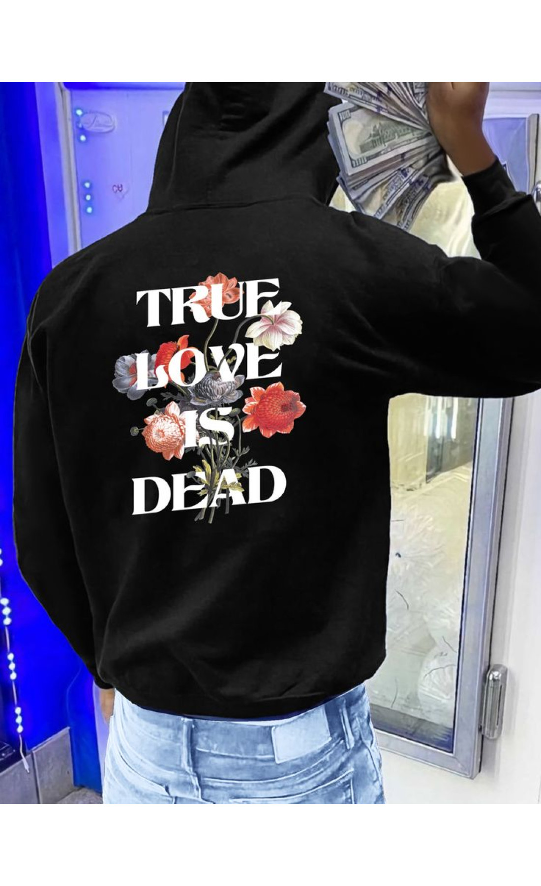 Чоловіче чорне  оверсайз худі з трендовим принтом