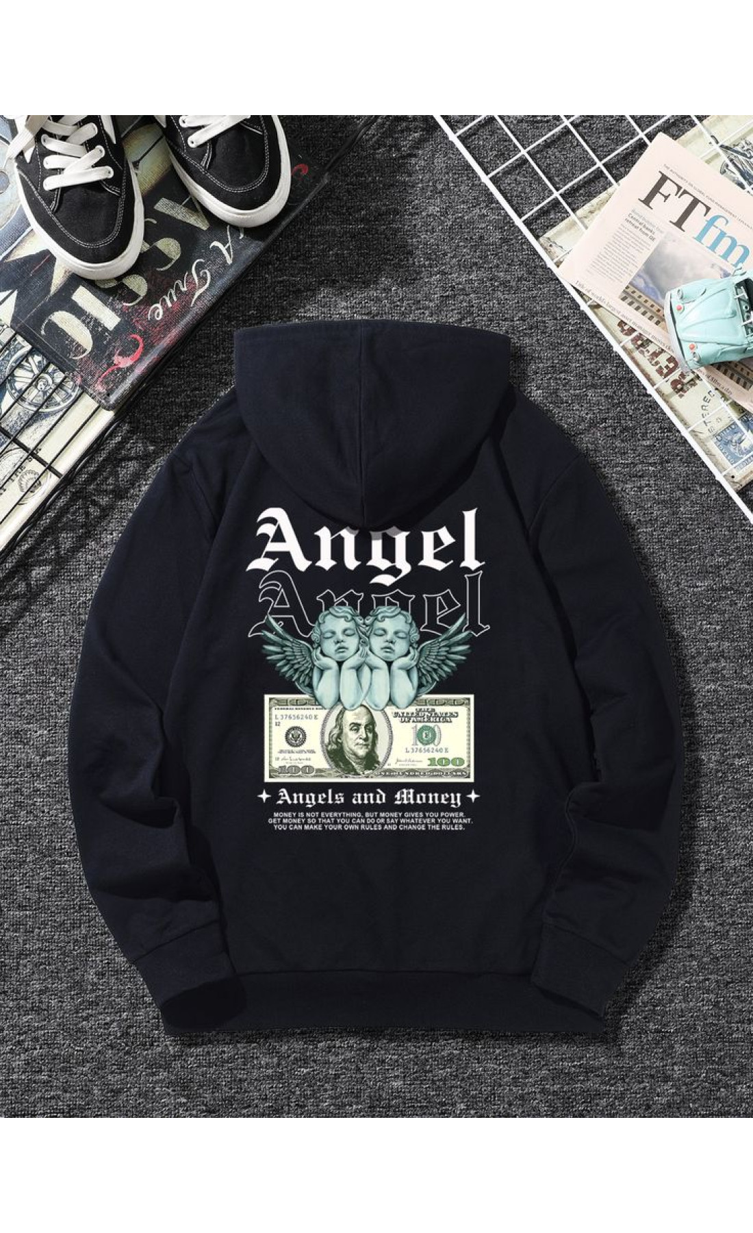 Чоловіче чорне  оверсайз худі з трендовим принтом