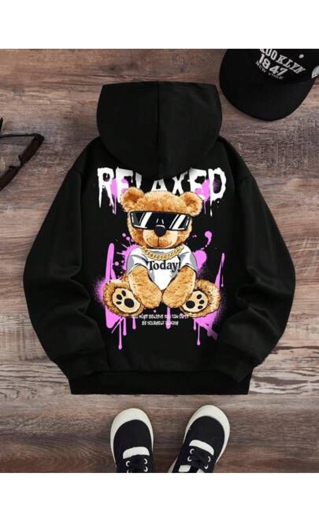 Чоловіче чорне  оверсайз худі з трендовим принтом