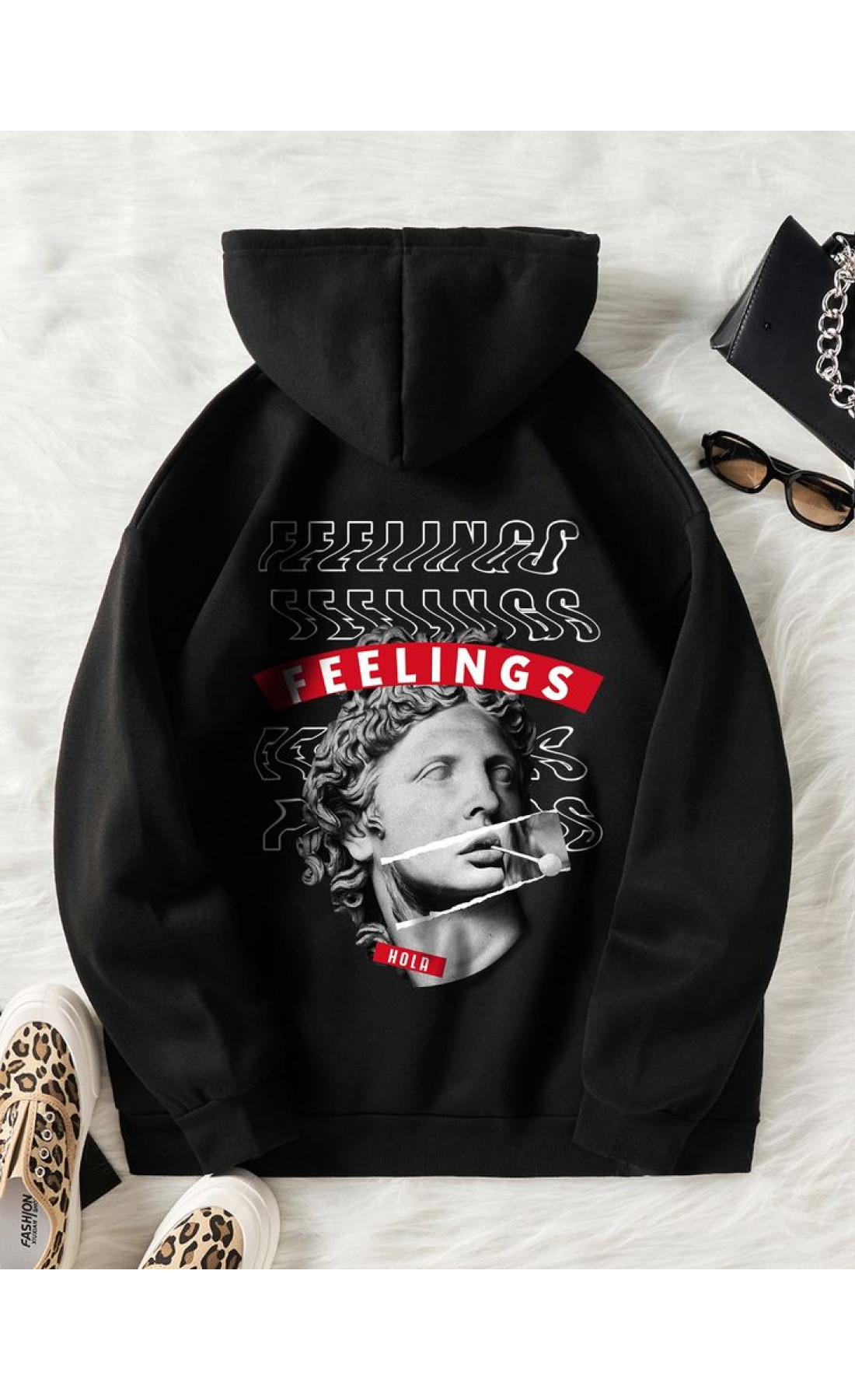 Чоловіче чорне  оверсайз худі з трендовим принтом