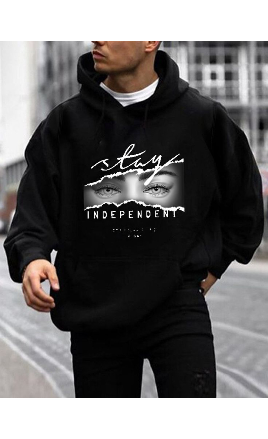 Чоловіче чорне  оверсайз худі з трендовим принтом