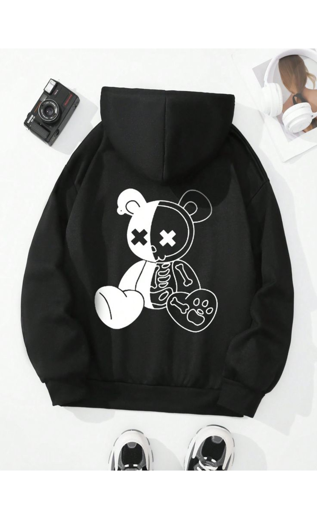 Чоловіче чорне  оверсайз худі з трендовим принтом