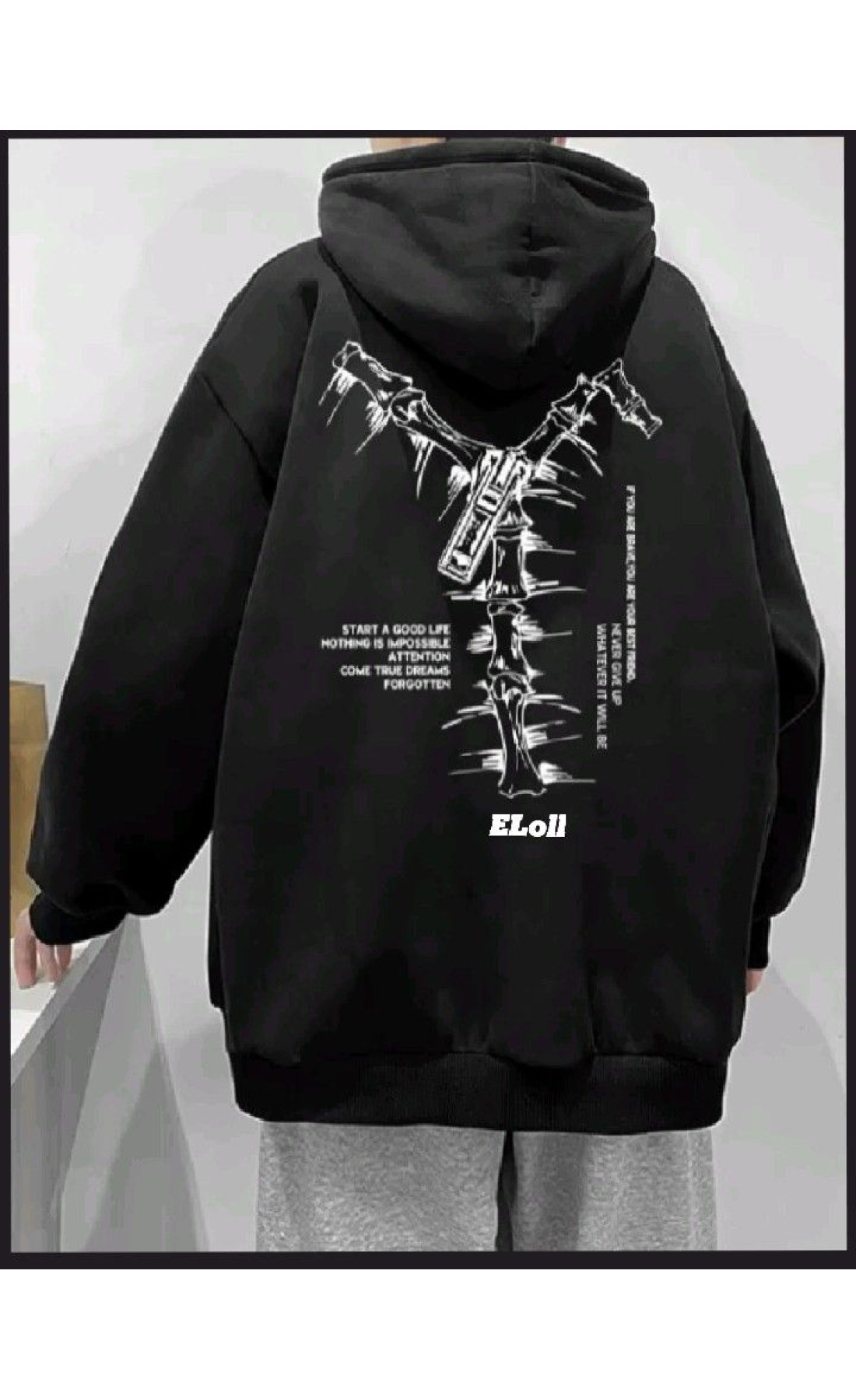 Чоловіче чорне  оверсайз худі з трендовим принтом