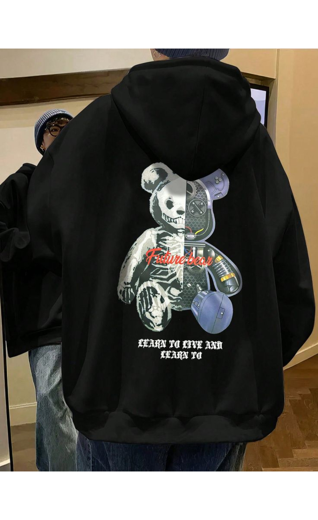 Чоловіче чорне  оверсайз худі з трендовим принтом