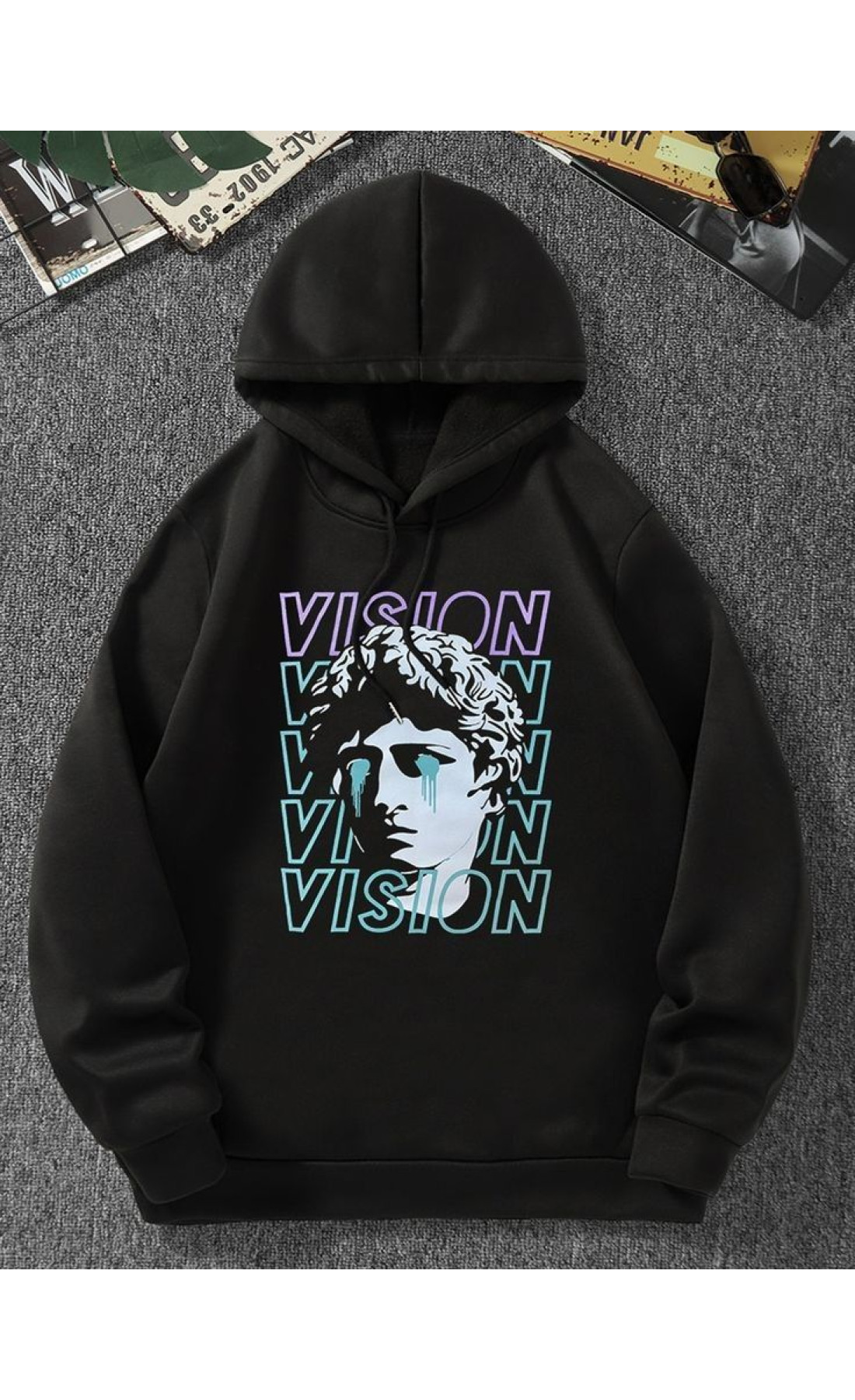 Чоловіче чорне  оверсайз худі з трендовим принтом