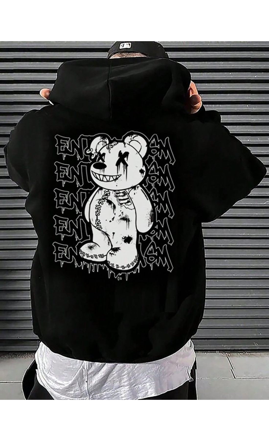 Чоловіче чорне  оверсайз худі з трендовим принтом