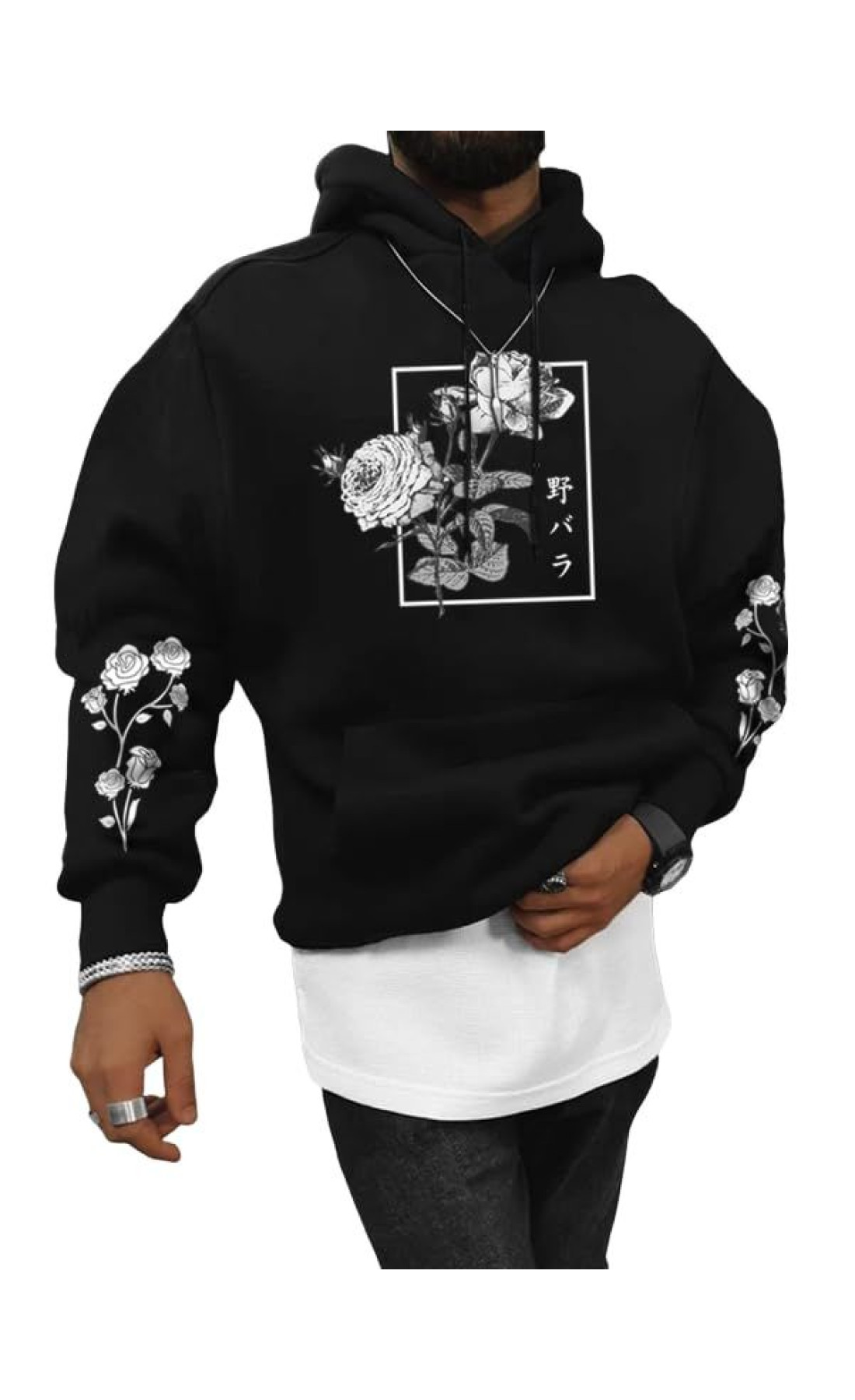 Чоловіче чорне  оверсайз худі з трендовим принтом