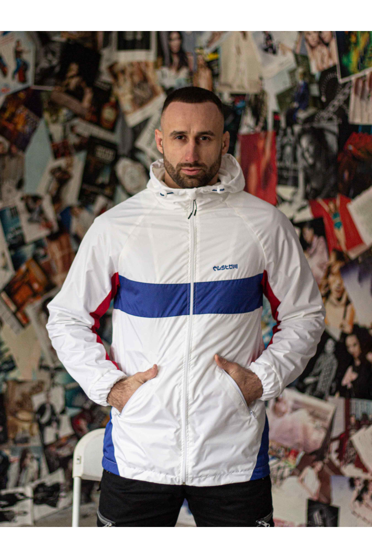 Вітрівка чоловіча Athletic біла, синє з червоним Custom Wear