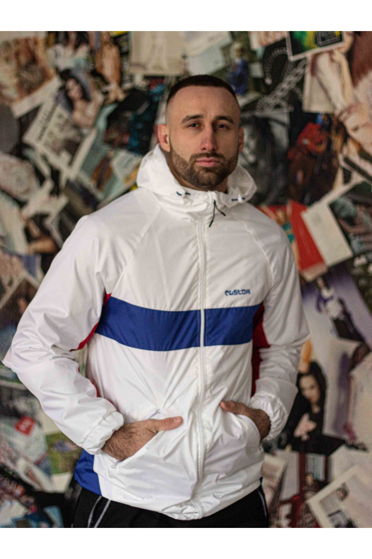 Вітрівка чоловіча Athletic біла, синє з червоним Custom Wear