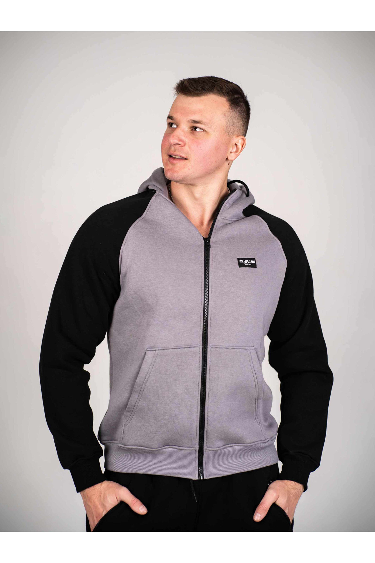 Зіпер Custom Wear з начосом сірий з чорним рукавом