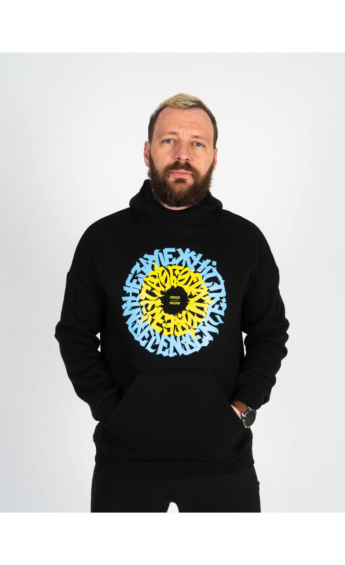 Худі утеплене чорне Custom Wear Свобода блакитно-жовте лого